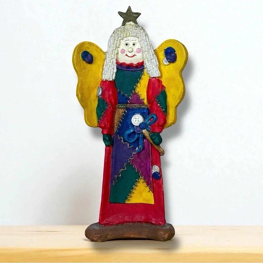 Folk Art Christmas Angel Figurine Star Hand Crafted Polymer Clay Vintage 1990
